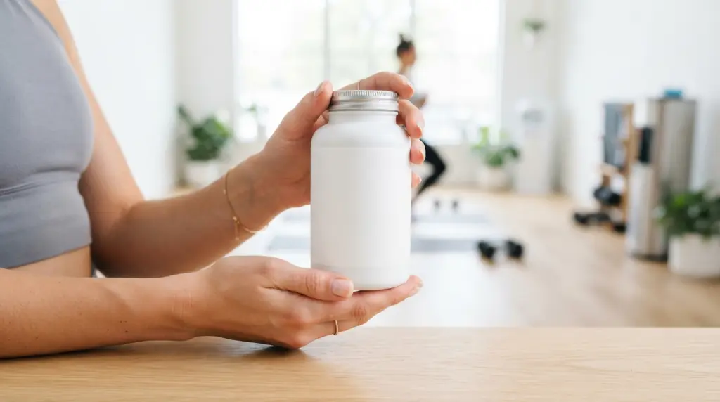 Frasco de creatina como suplemento para entrenar fuerza después de los 40