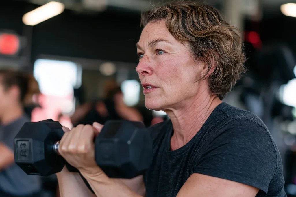 Entrenar después de los 40: mujer fuerte entrenando brazos con mancuerna