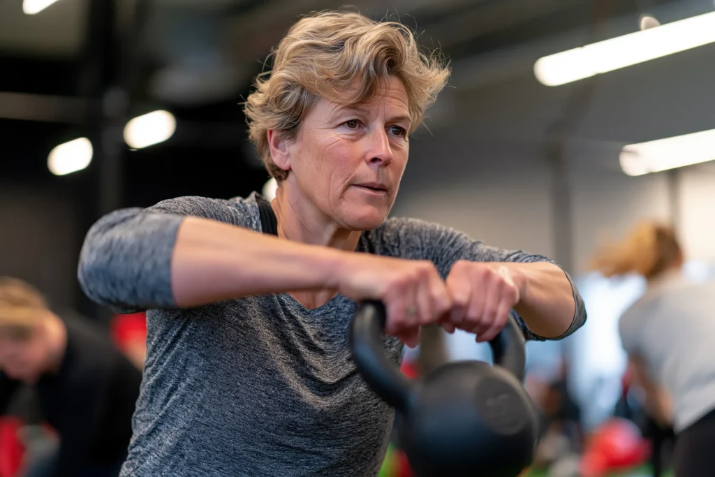 Mujer madura entrenando fuerza con kettlebell en el gimnasio