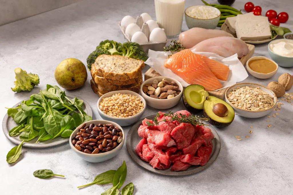 Alimentos ricos en proteína: huevos, salmón, carne, yogur y legumbres