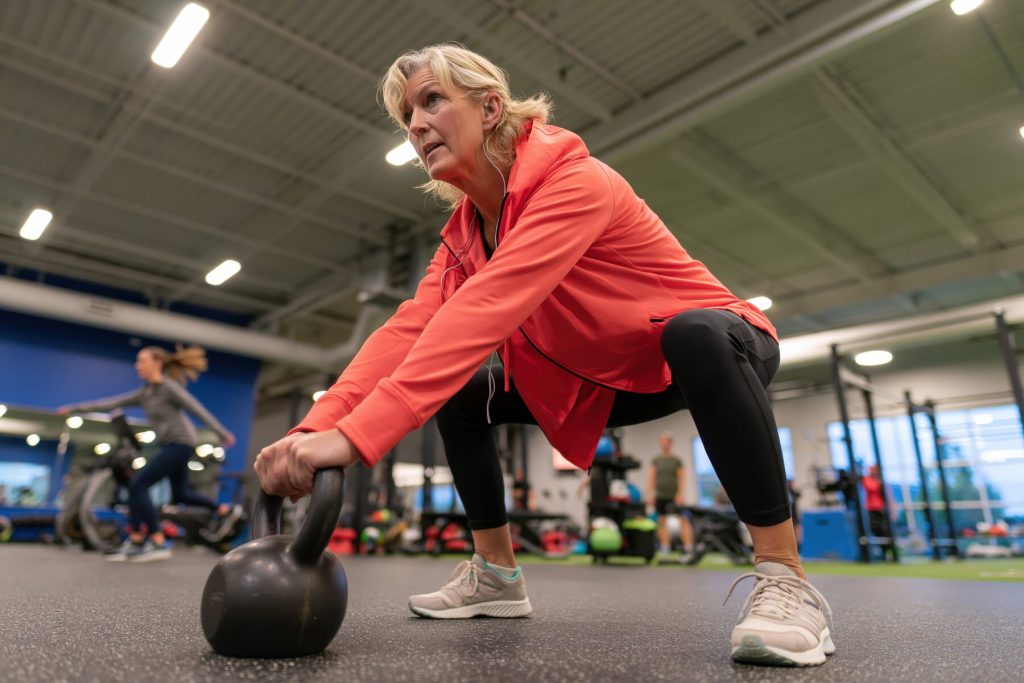 Mujer de 40 años haciendo sentadilla con kettlebell para ganar fuerza y cuidar los huesos